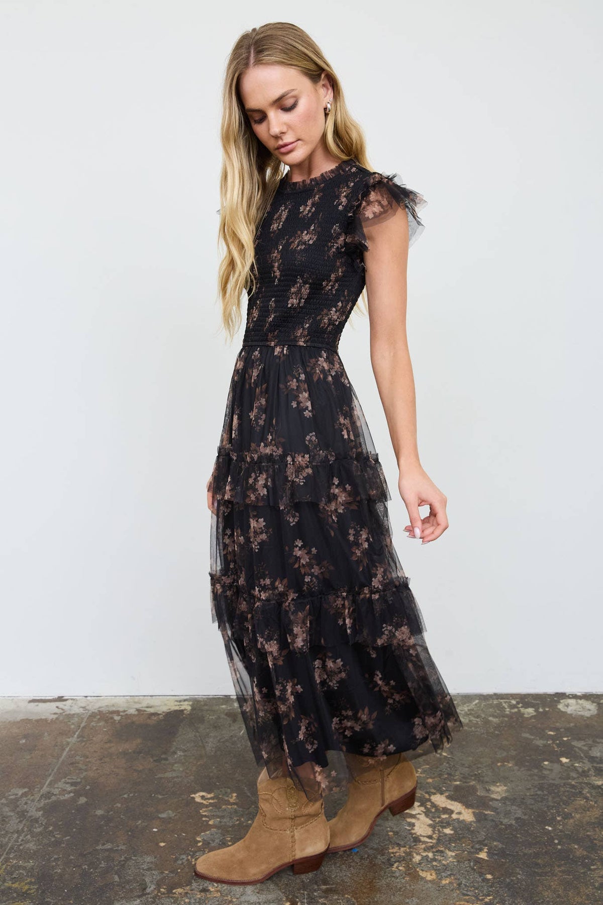 SMOCKED RUFFLE TIERED FLORAL MIDI DRESS : BLACK MULTI