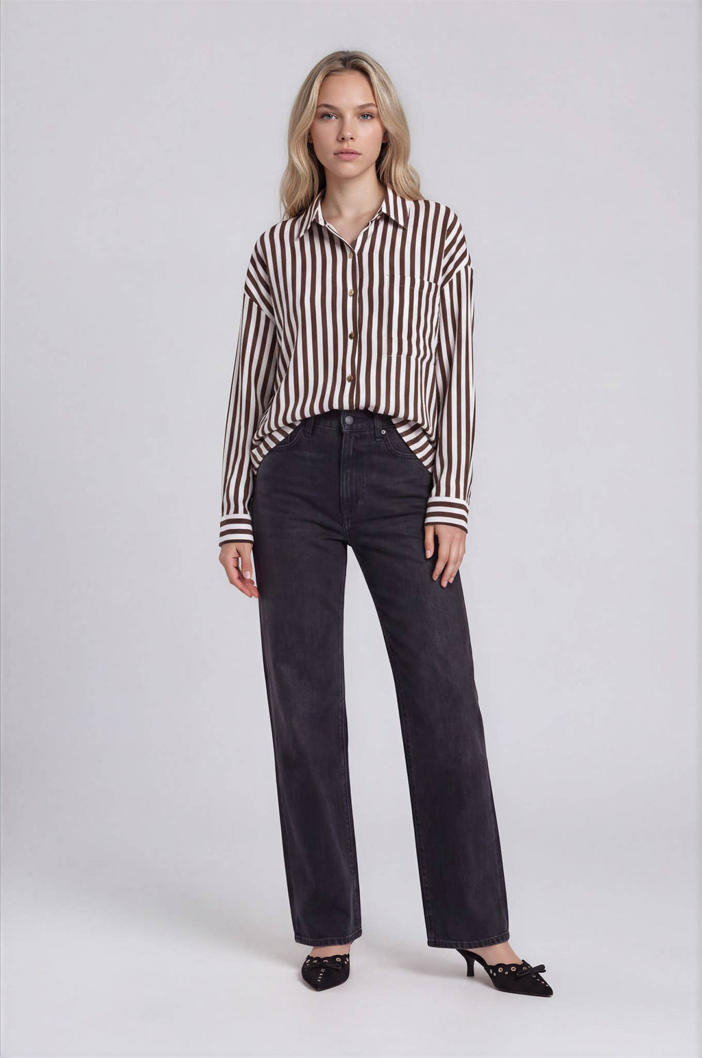 VERTICAL STRIPE COLLARED BUTTON DOWN SHIRT: TAUPE