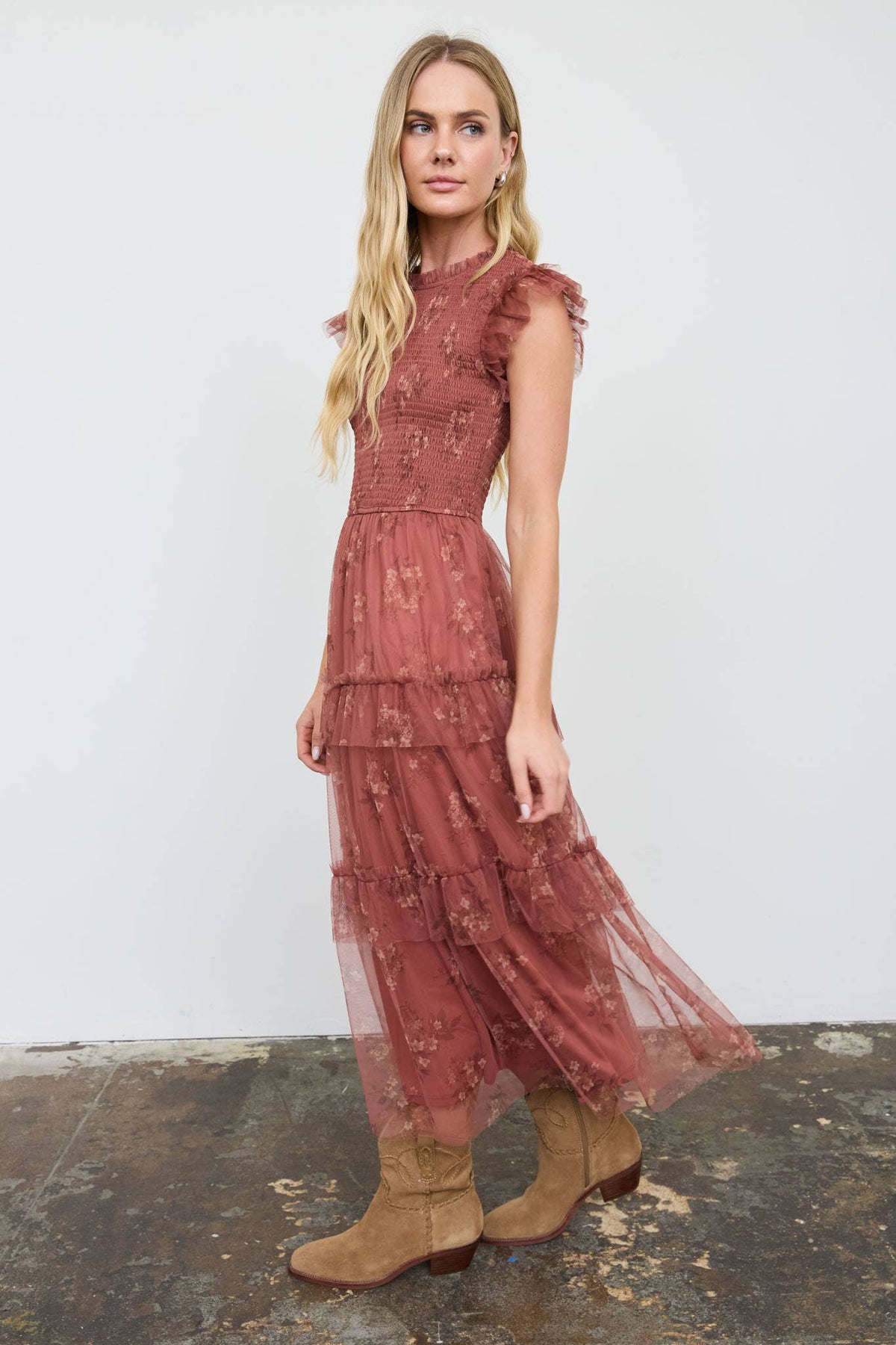 SMOCKED RUFFLE TIERED FLORAL MIDI DRESS : BLACK MULTI