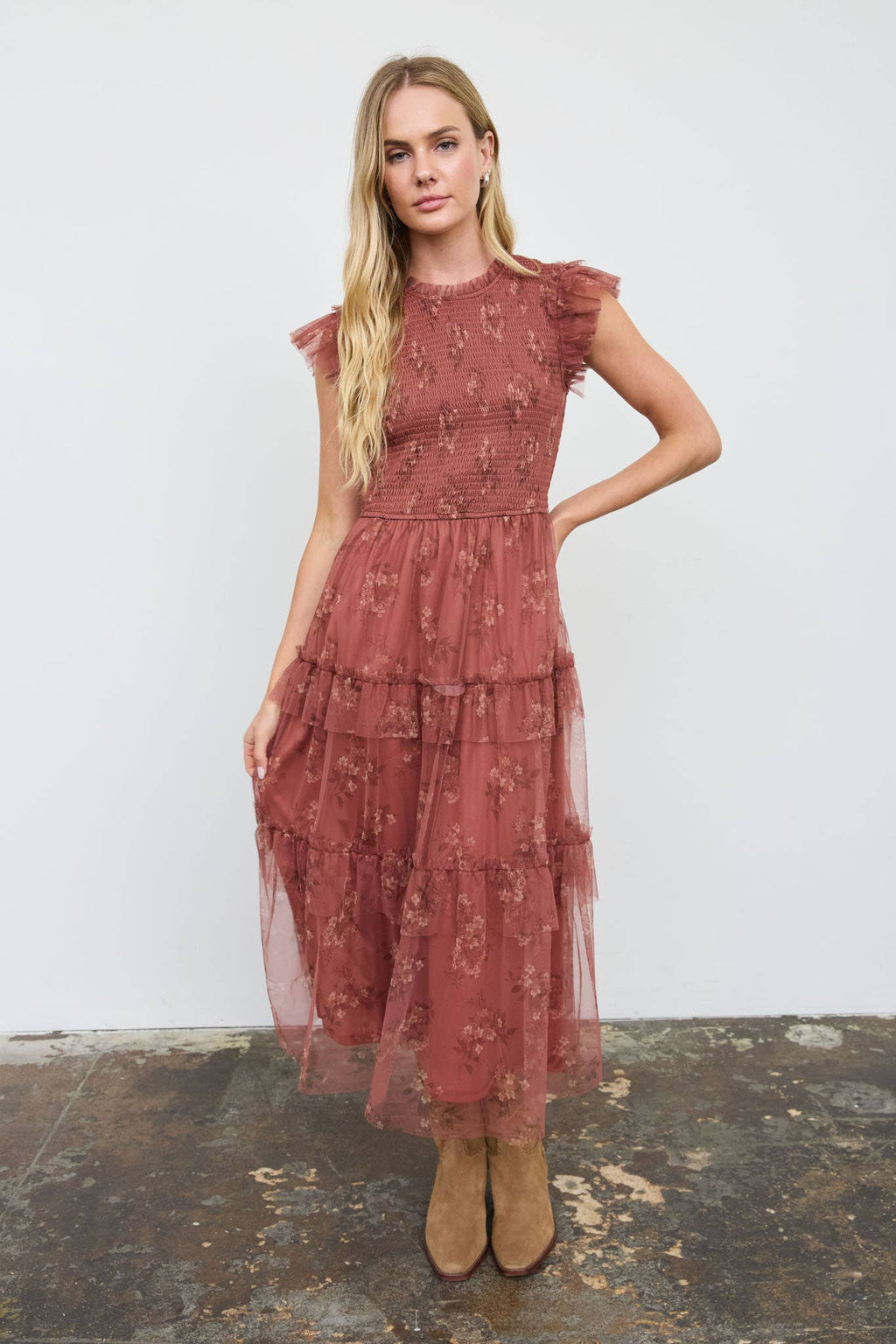 SMOCKED RUFFLE TIERED FLORAL MIDI DRESS : BLACK MULTI