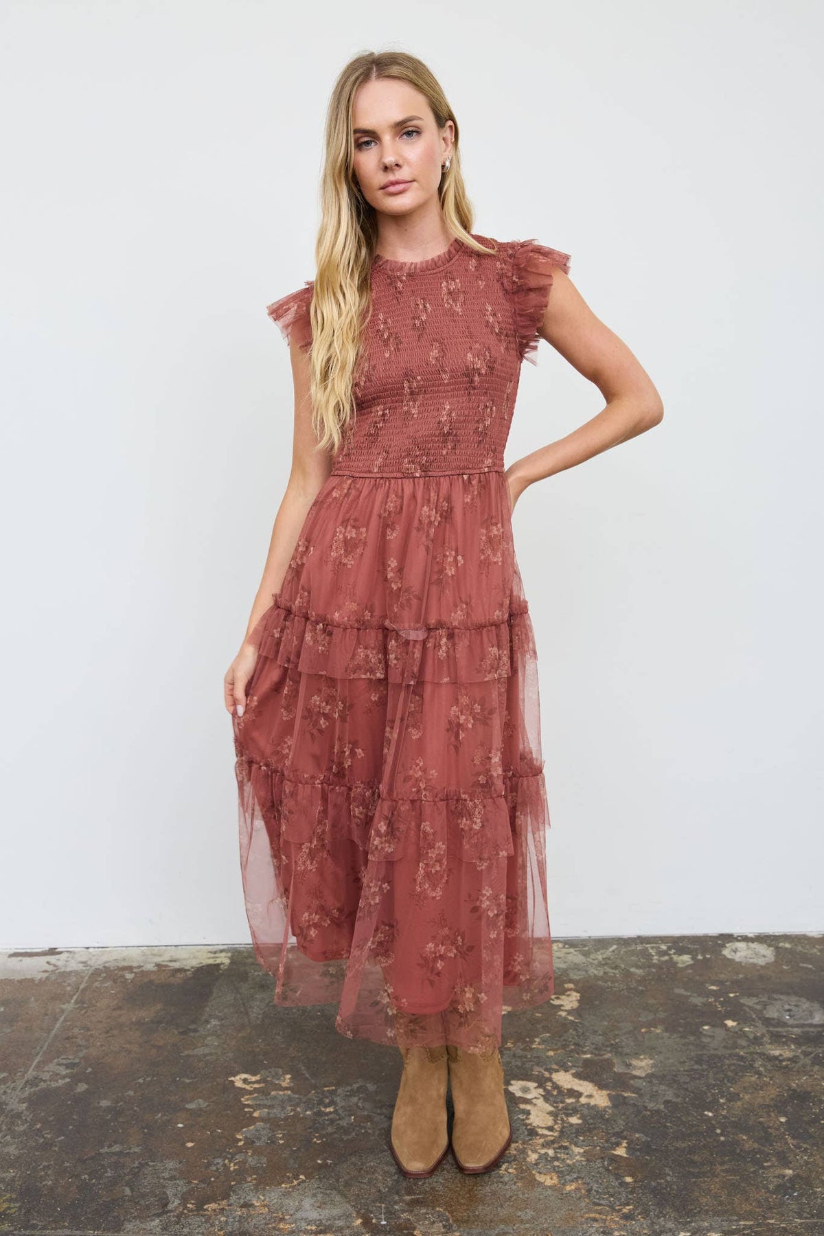 SMOCKED RUFFLE TIERED FLORAL MIDI DRESS : BLACK MULTI