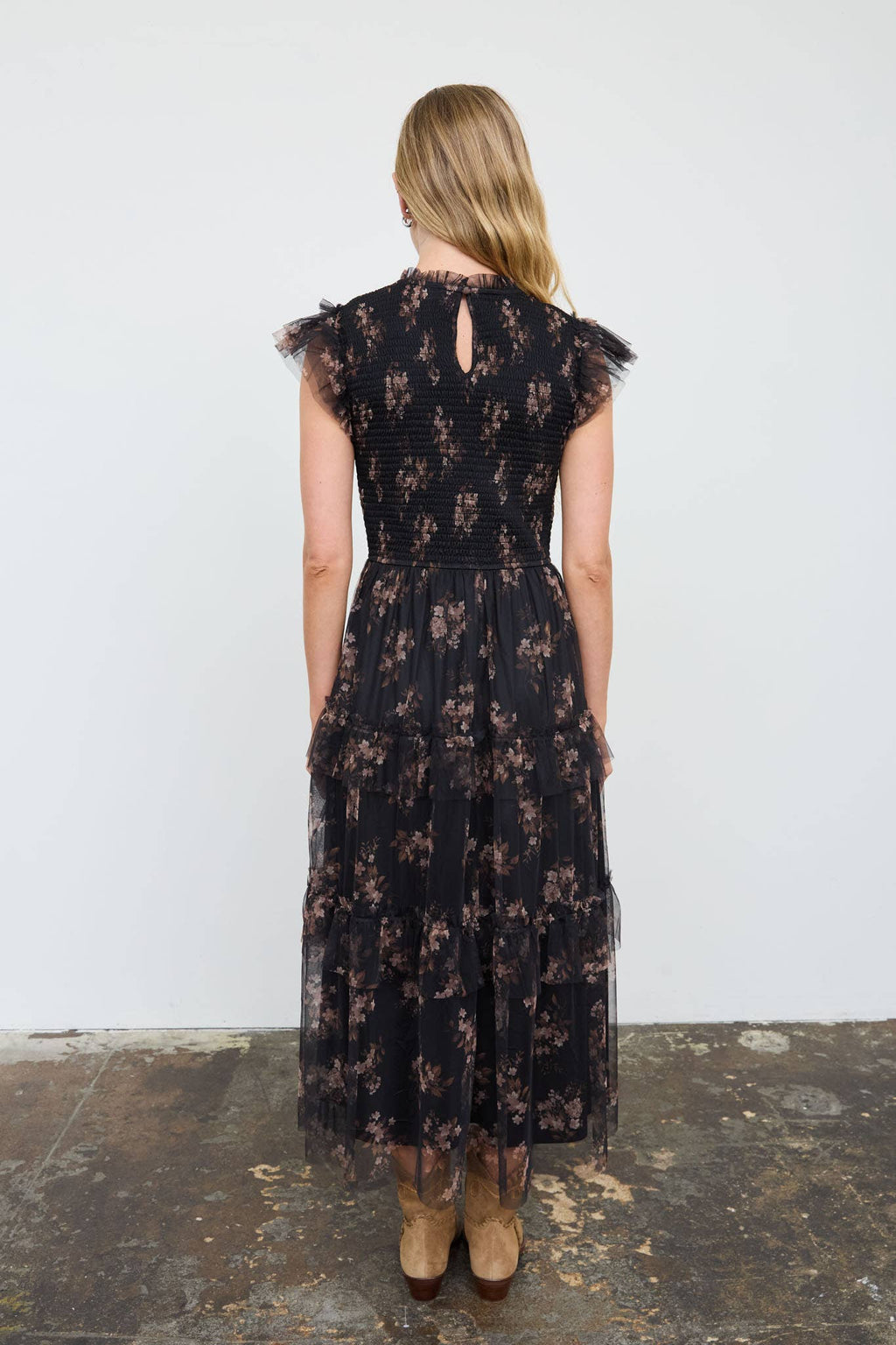 SMOCKED RUFFLE TIERED FLORAL MIDI DRESS : BLACK MULTI