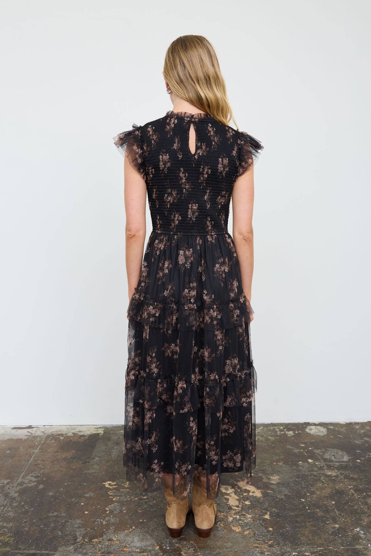 SMOCKED RUFFLE TIERED FLORAL MIDI DRESS : BLACK MULTI