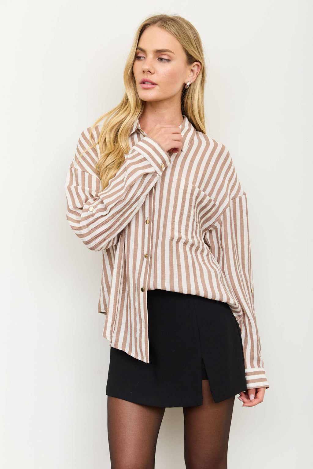 VERTICAL STRIPE COLLARED BUTTON DOWN SHIRT: TAUPE