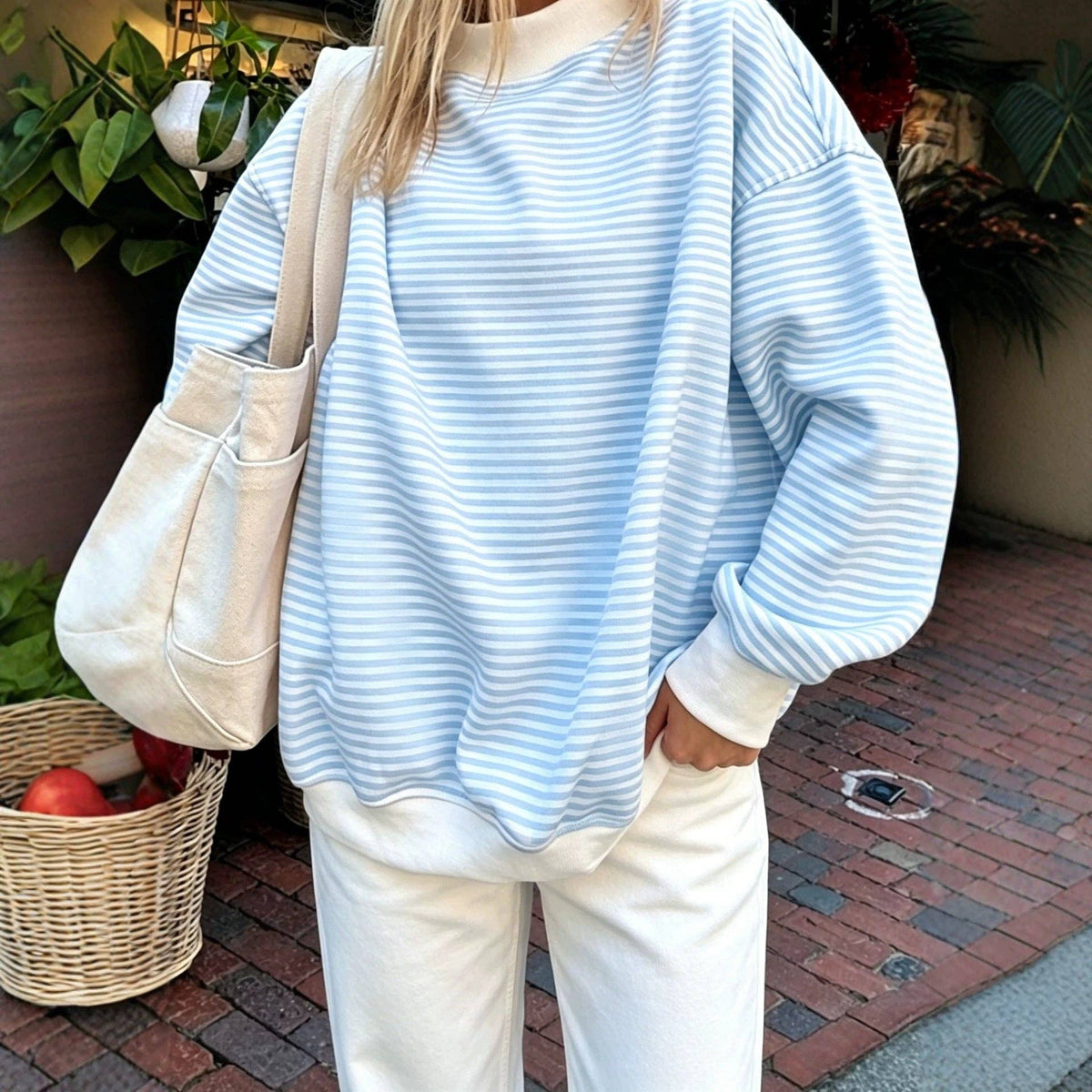Striped Cotton Sweatshirt Oversized Long Sleeve Top: Pink / 95%cotton+5%elastane / S