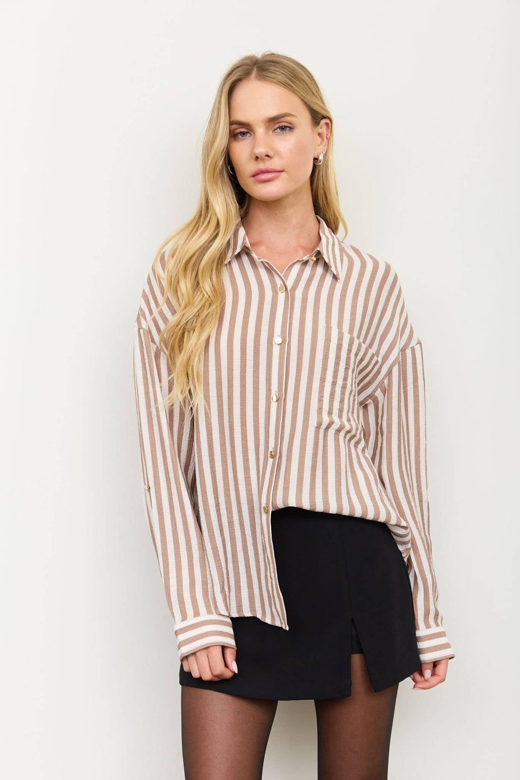 VERTICAL STRIPE COLLARED BUTTON DOWN SHIRT: TAUPE