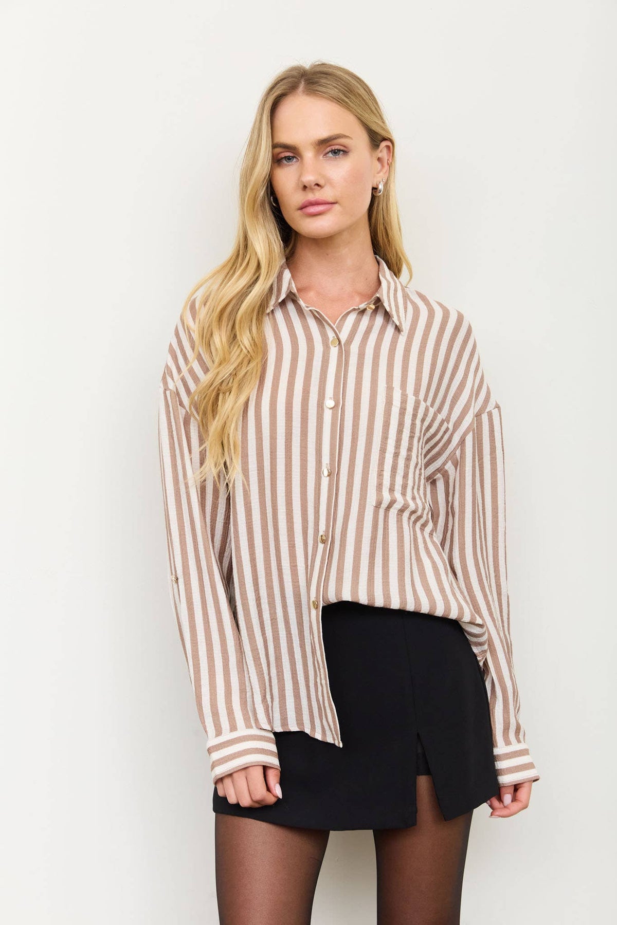 VERTICAL STRIPE COLLARED BUTTON DOWN SHIRT: TAUPE