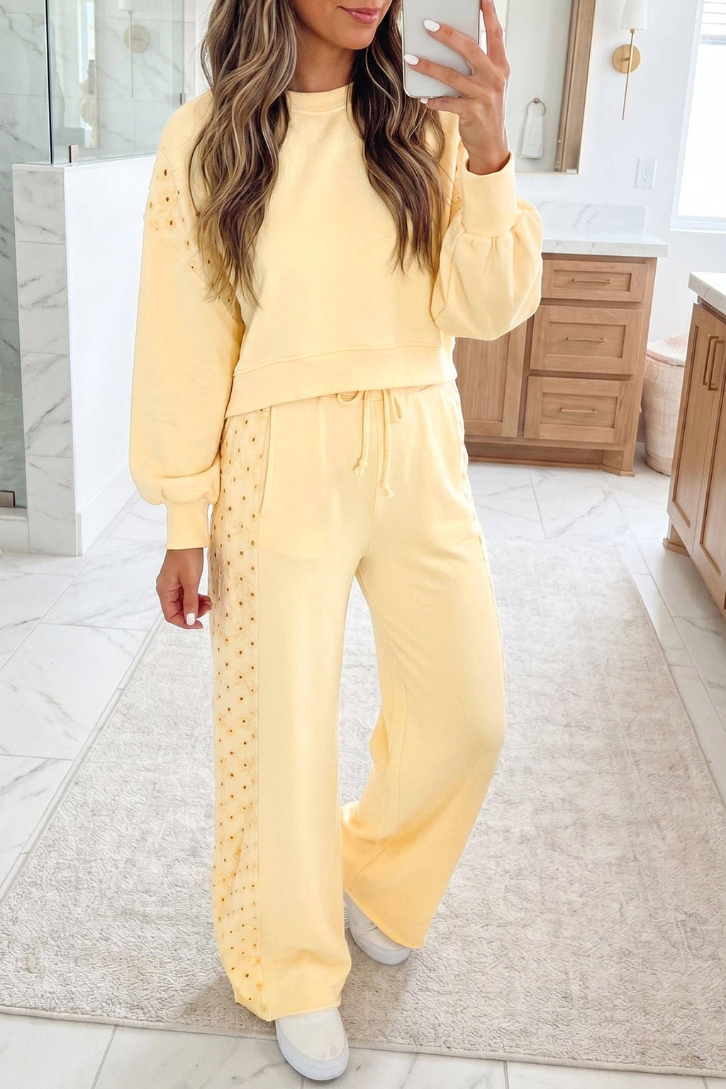 Yellow Cream Eyelet Embroidered Lace Patchwork Cropped Pullover Drawstring Pants Set: Yellow Cream
