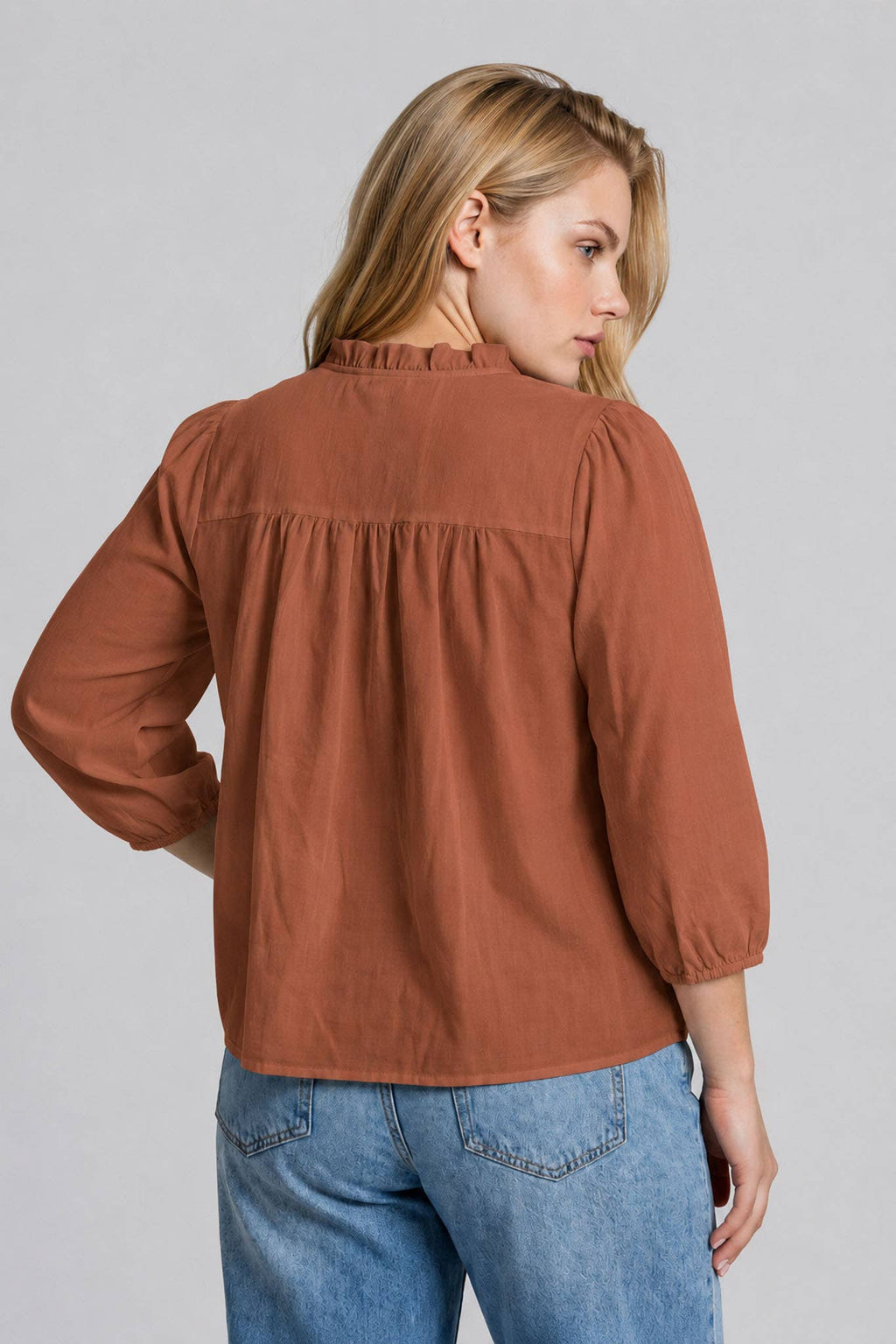 PLUS 3/4 SLEEVE RUFFLE TRIM PINTUCK DETAIL BLOUSE: BLACK