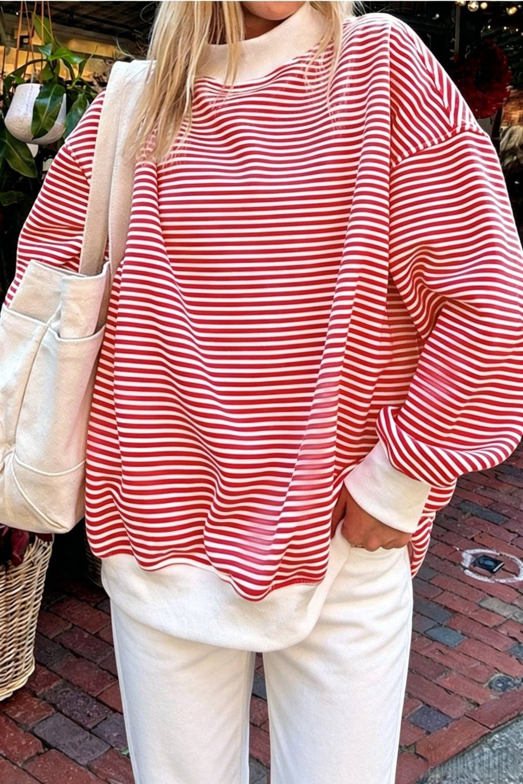 Striped Cotton Sweatshirt Oversized Long Sleeve Top: Pink / 95%cotton+5%elastane / M