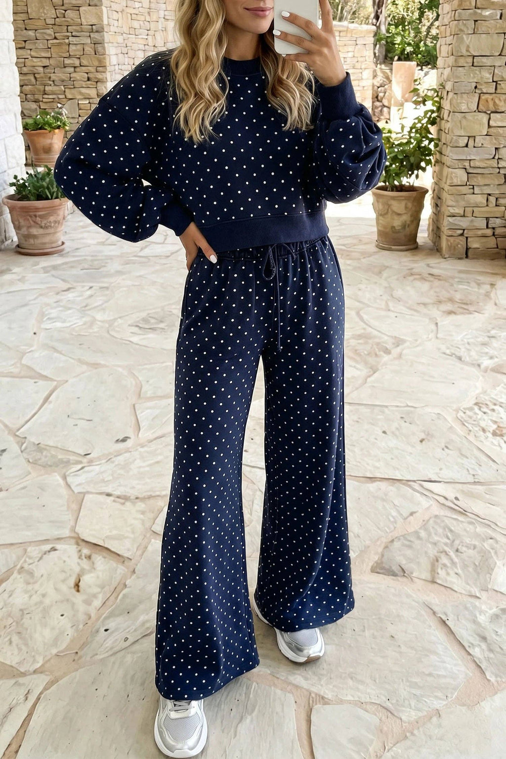 Polka Dot Drawstring Wide Leg Long Sleeve Top Pant Set: Blue / 100%Polyester / XL