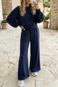 Polka Dot Drawstring Wide Leg Long Sleeve Top Pant Set: Blue / 100%Polyester / L