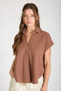 COLLARED SPLIT NECK CUFF SLEEVE U HEM LINEN TOP
