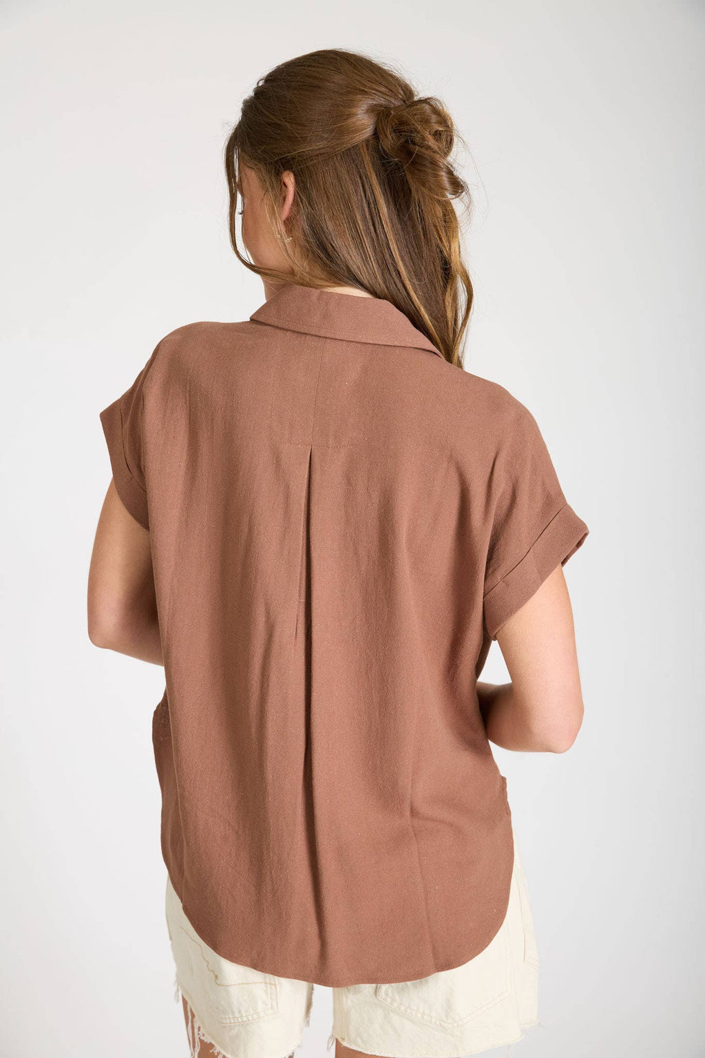 COLLARED SPLIT NECK CUFF SLEEVE U HEM LINEN TOP: BLUE