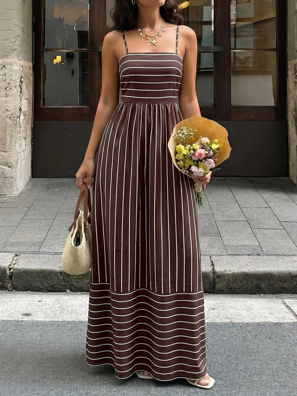 Striped Polyester Maxi Dress Resort Spaghetti Strap: Coffee Brown / 96%Polyester+4%Elastane / M