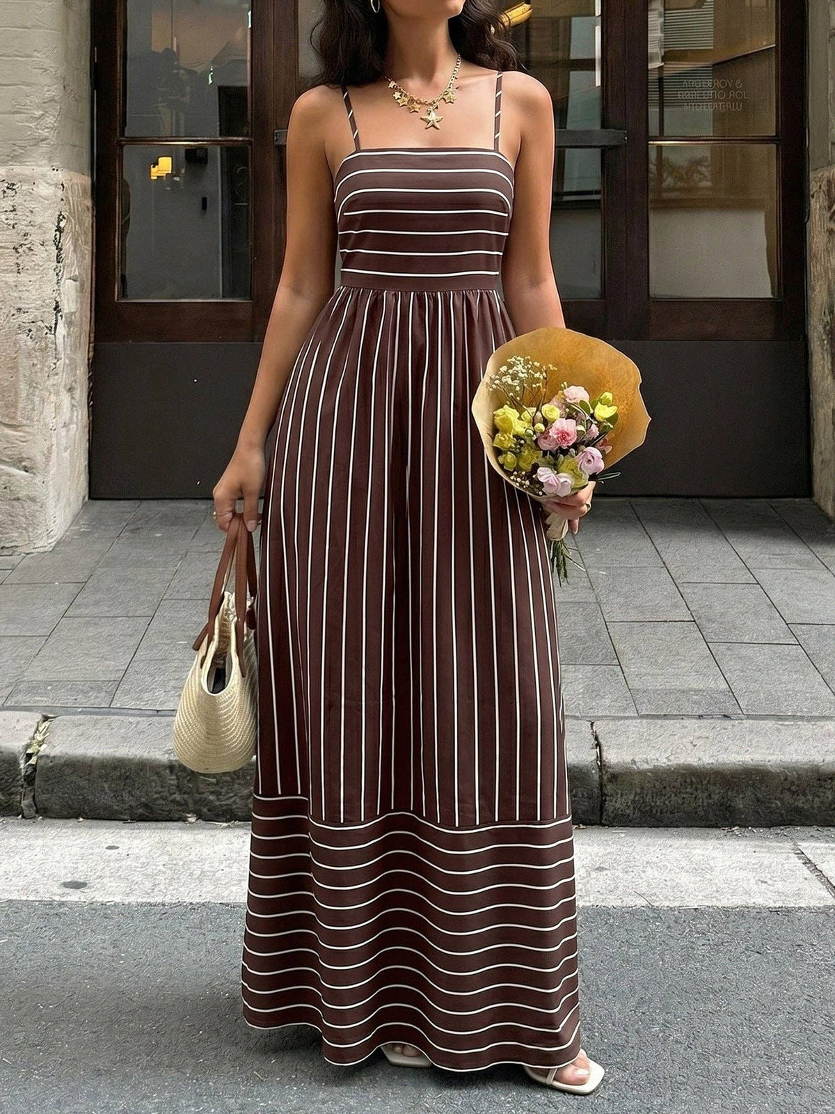 Striped Polyester Maxi Dress Resort Spaghetti Strap: Coffee Brown / 96%Polyester+4%Elastane / L