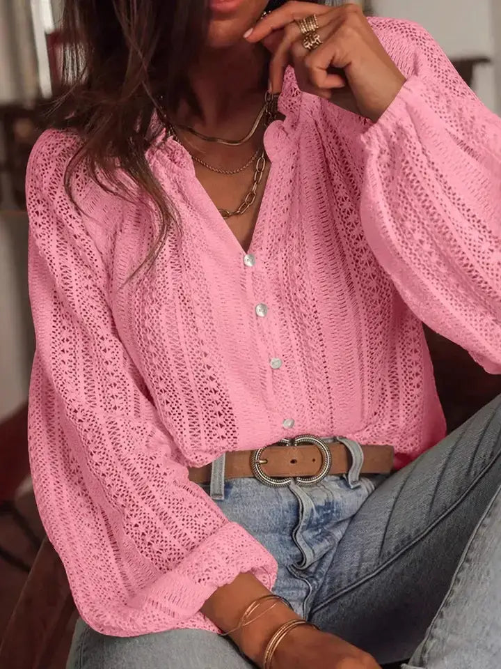 Open Knit Lace V Neck Button Front Blouse: Apricot / 95% Polyester+5% Elastane / 2XL