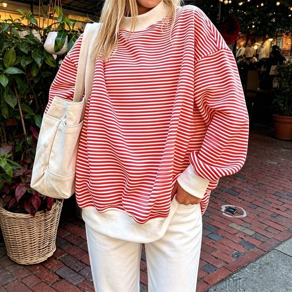 Striped Cotton Sweatshirt Oversized Long Sleeve Top: Pink / 95%cotton+5%elastane / L