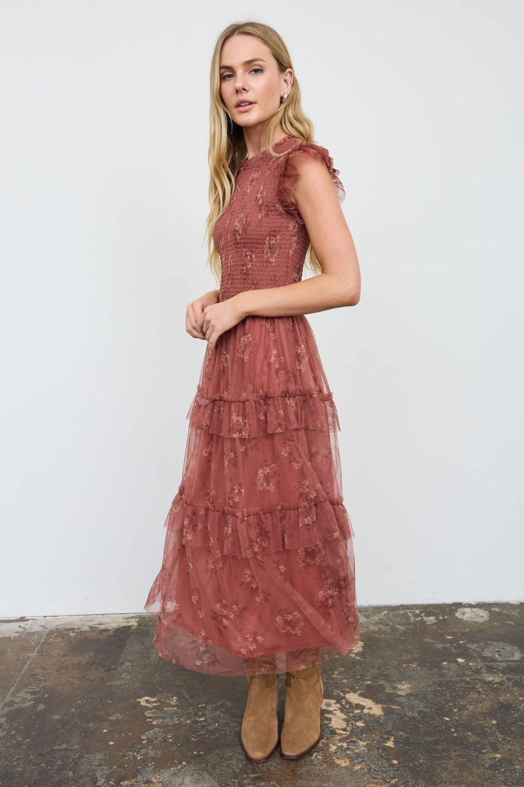 SMOCKED RUFFLE TIERED FLORAL MIDI DRESS : BLACK MULTI