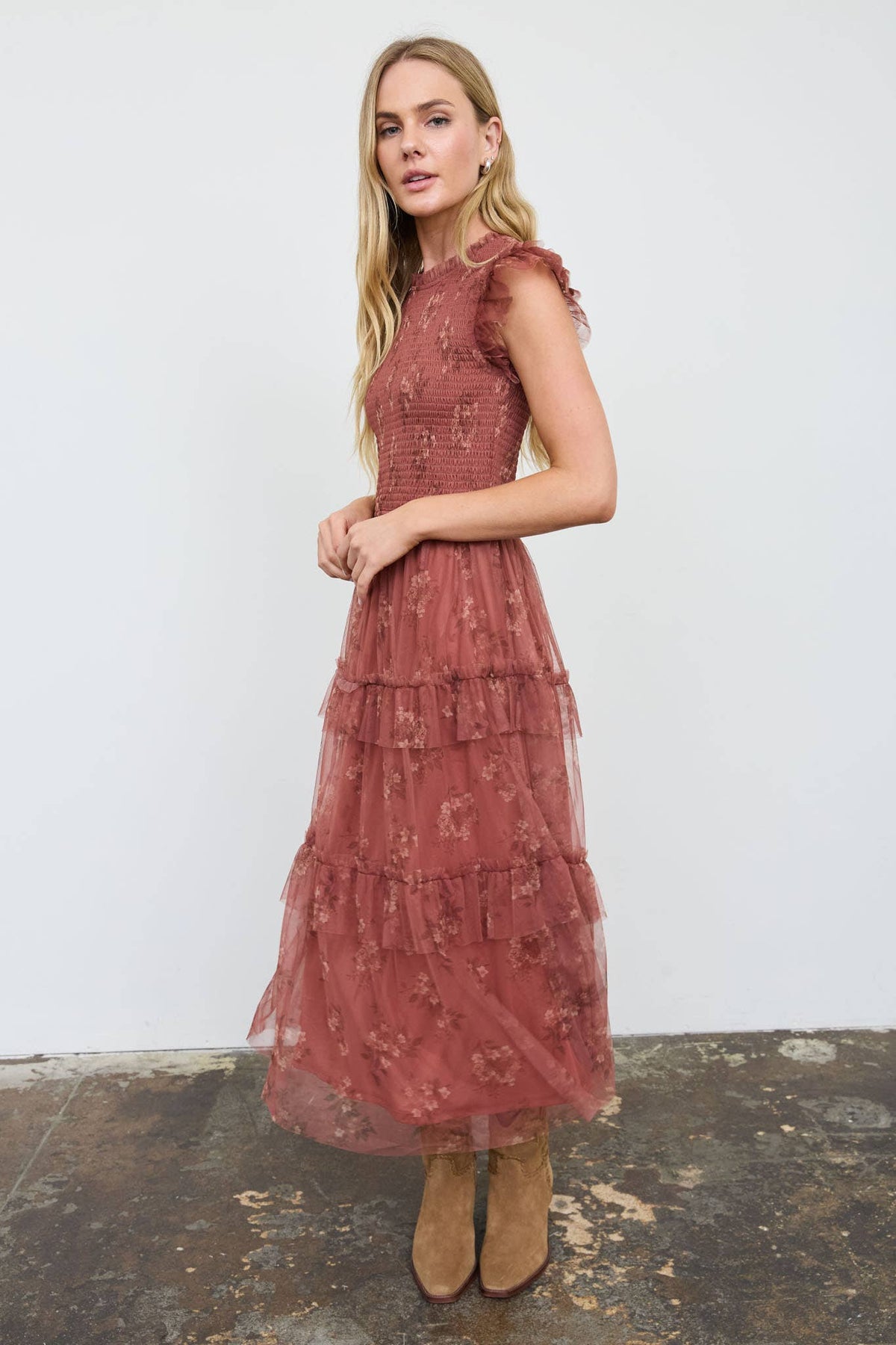 SMOCKED RUFFLE TIERED FLORAL MIDI DRESS : BLACK MULTI