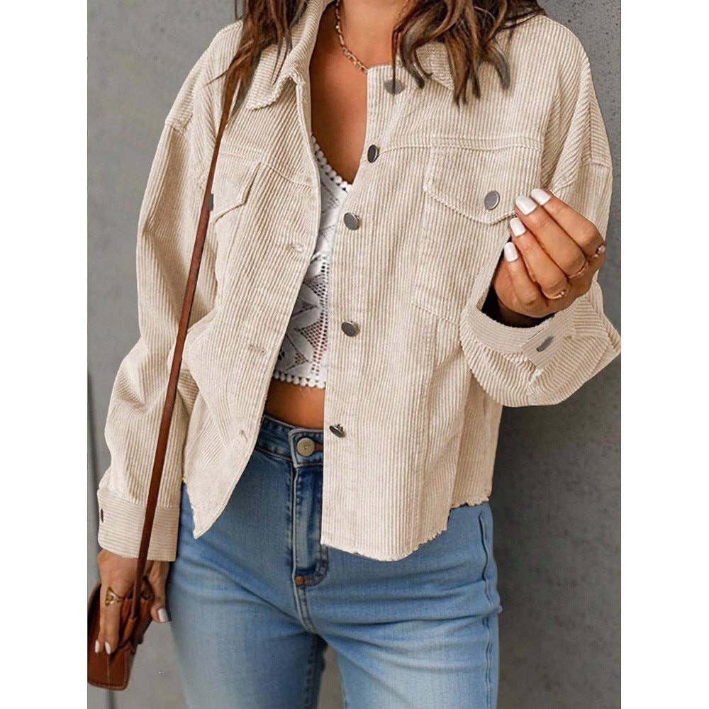 Solid Corduroy Jacket Casual Oversized Button Front: Light Brown / 100%polyester / M
