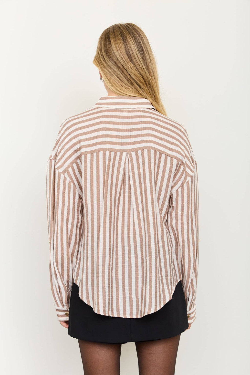 VERTICAL STRIPE COLLARED BUTTON DOWN SHIRT: TAUPE