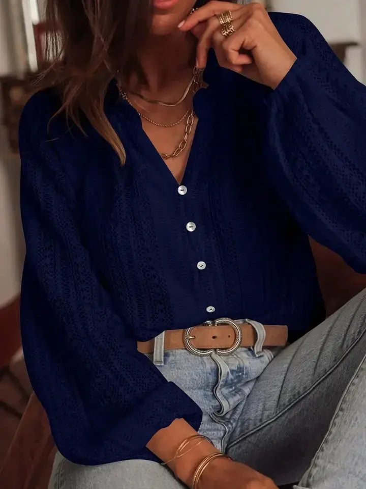 Open Knit Lace V Neck Button Front Blouse: Apricot / 95% Polyester+5% Elastane / XL