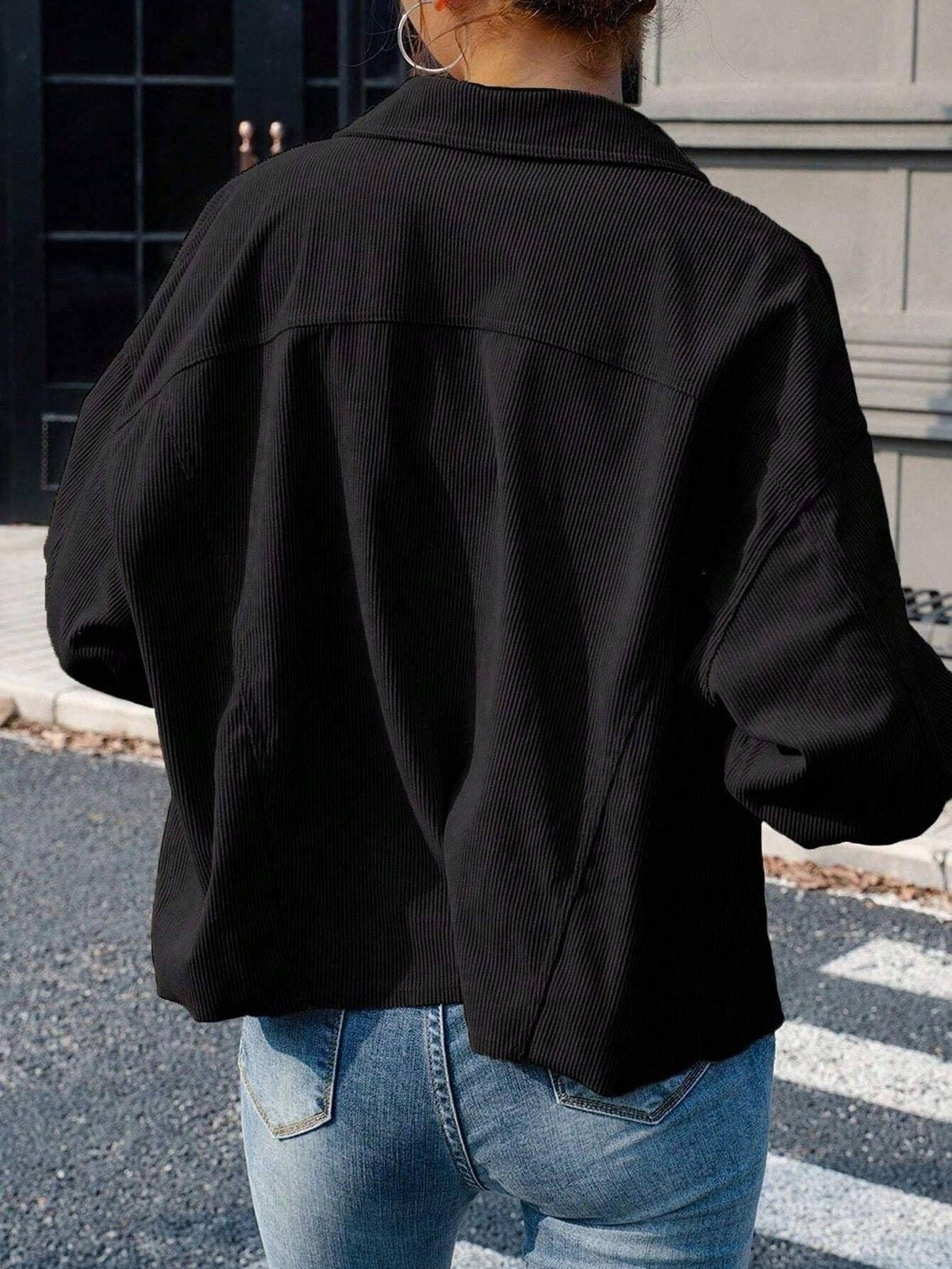 Solid Corduroy Jacket Casual Oversized Button Front: Light Brown / 100%polyester / L
