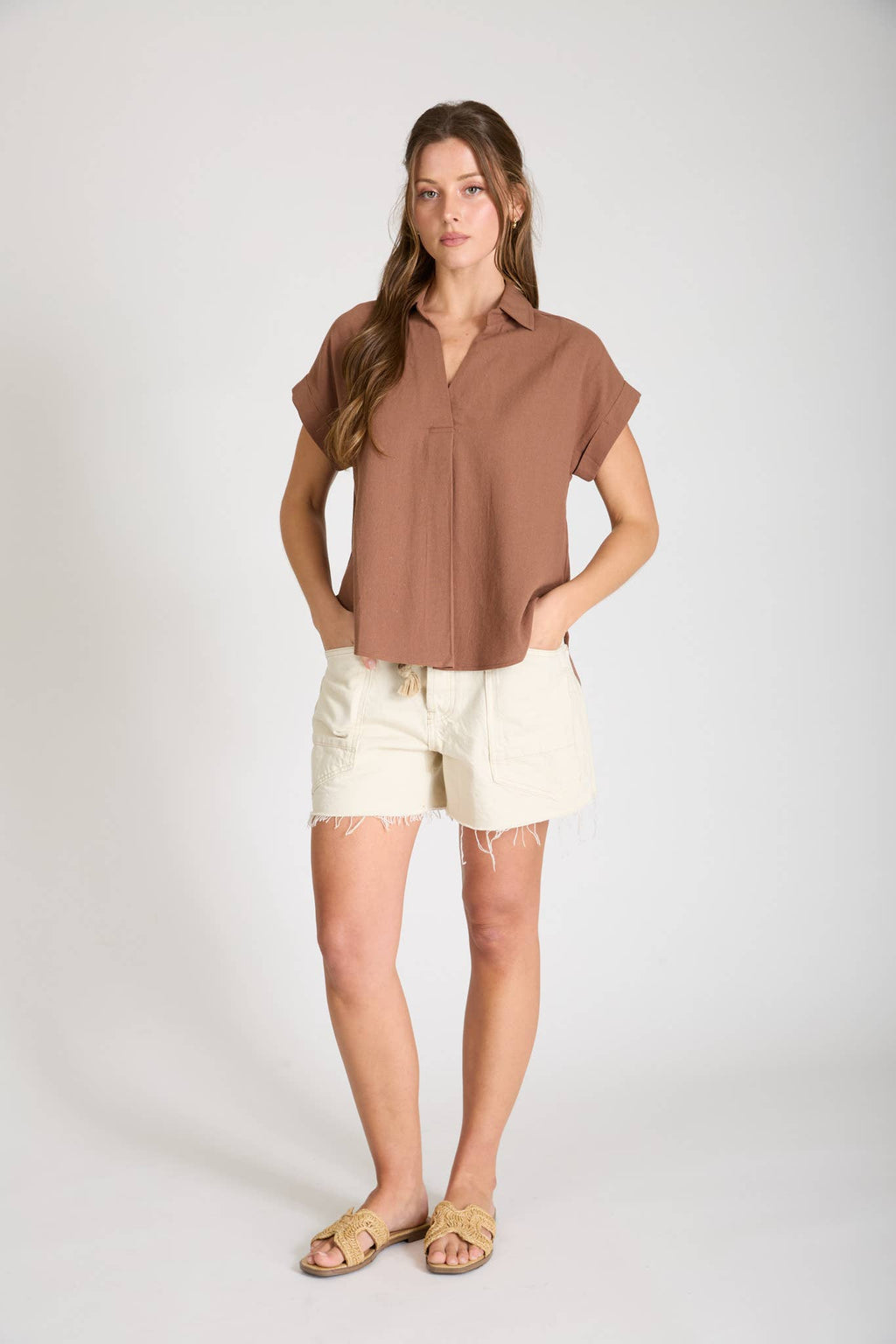COLLARED SPLIT NECK CUFF SLEEVE U HEM LINEN TOP: BLUE