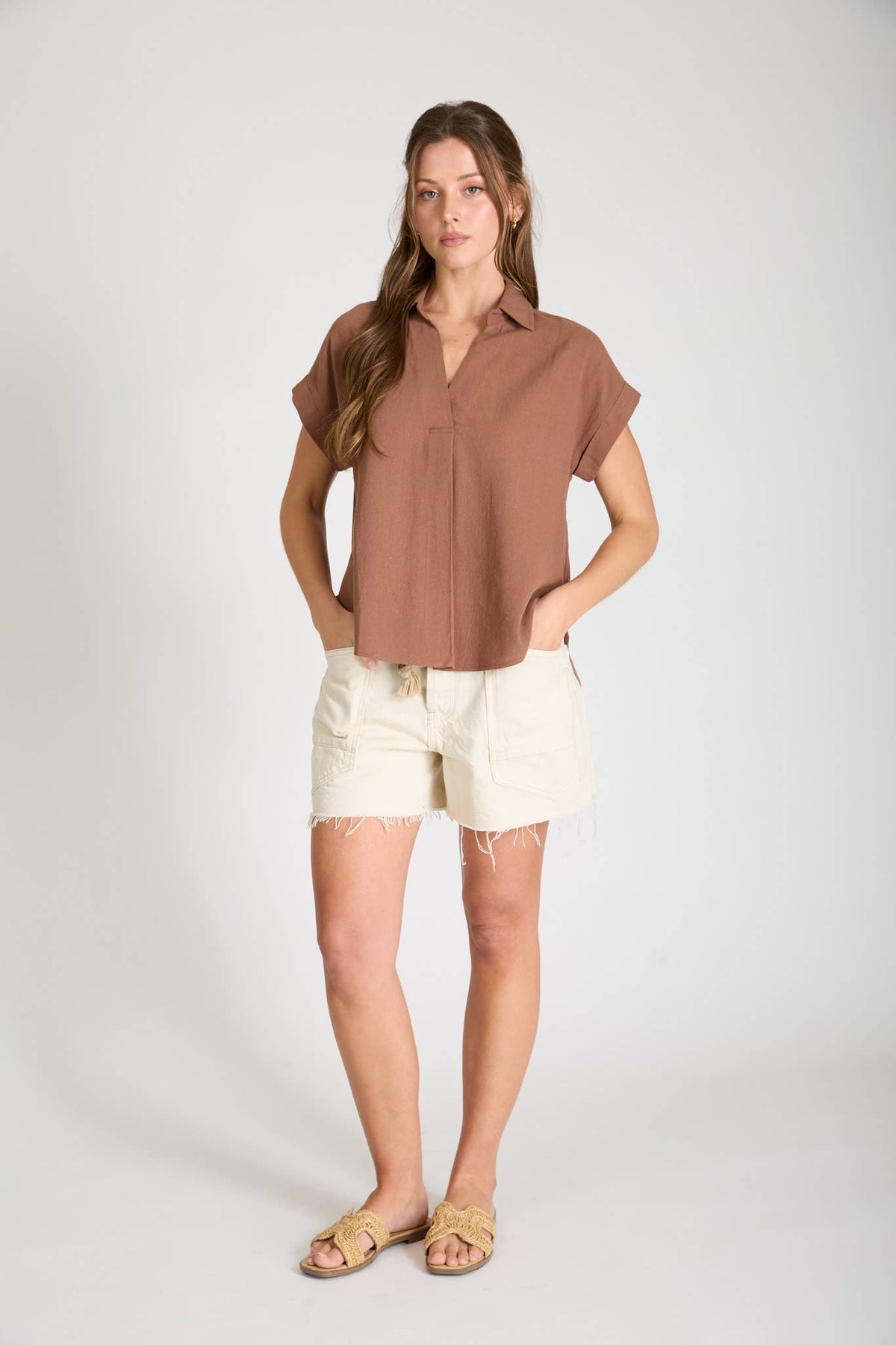 COLLARED SPLIT NECK CUFF SLEEVE U HEM LINEN TOP: BLUE