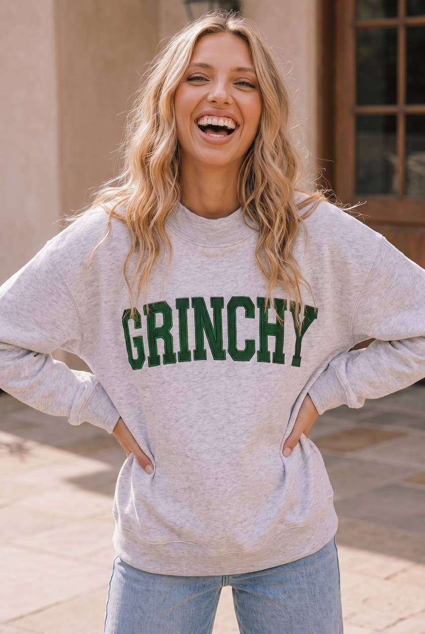 Grinchy Graphic Holiday Sweatshirt: GREEN / M
