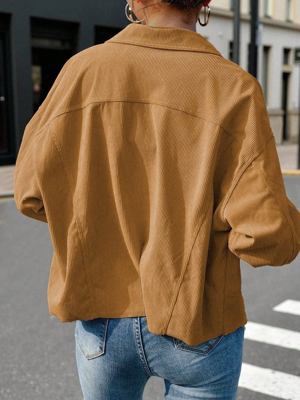 Solid Corduroy Jacket Casual Oversized Button Front: Light Brown / 100%polyester / M