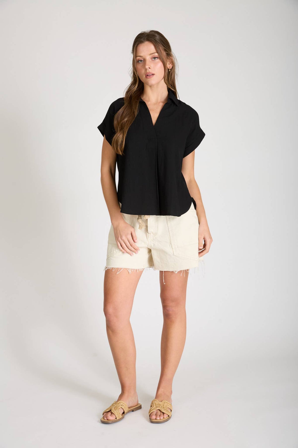 COLLARED SPLIT NECK CUFF SLEEVE U HEM LINEN TOP: BLUE