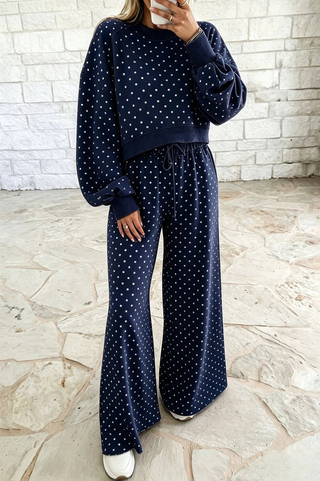 Polka Dot Drawstring Wide Leg Long Sleeve Top Pant Set: Blue / 100%Polyester / XL