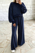 Polka Dot Drawstring Wide Leg Long Sleeve Top Pant Set