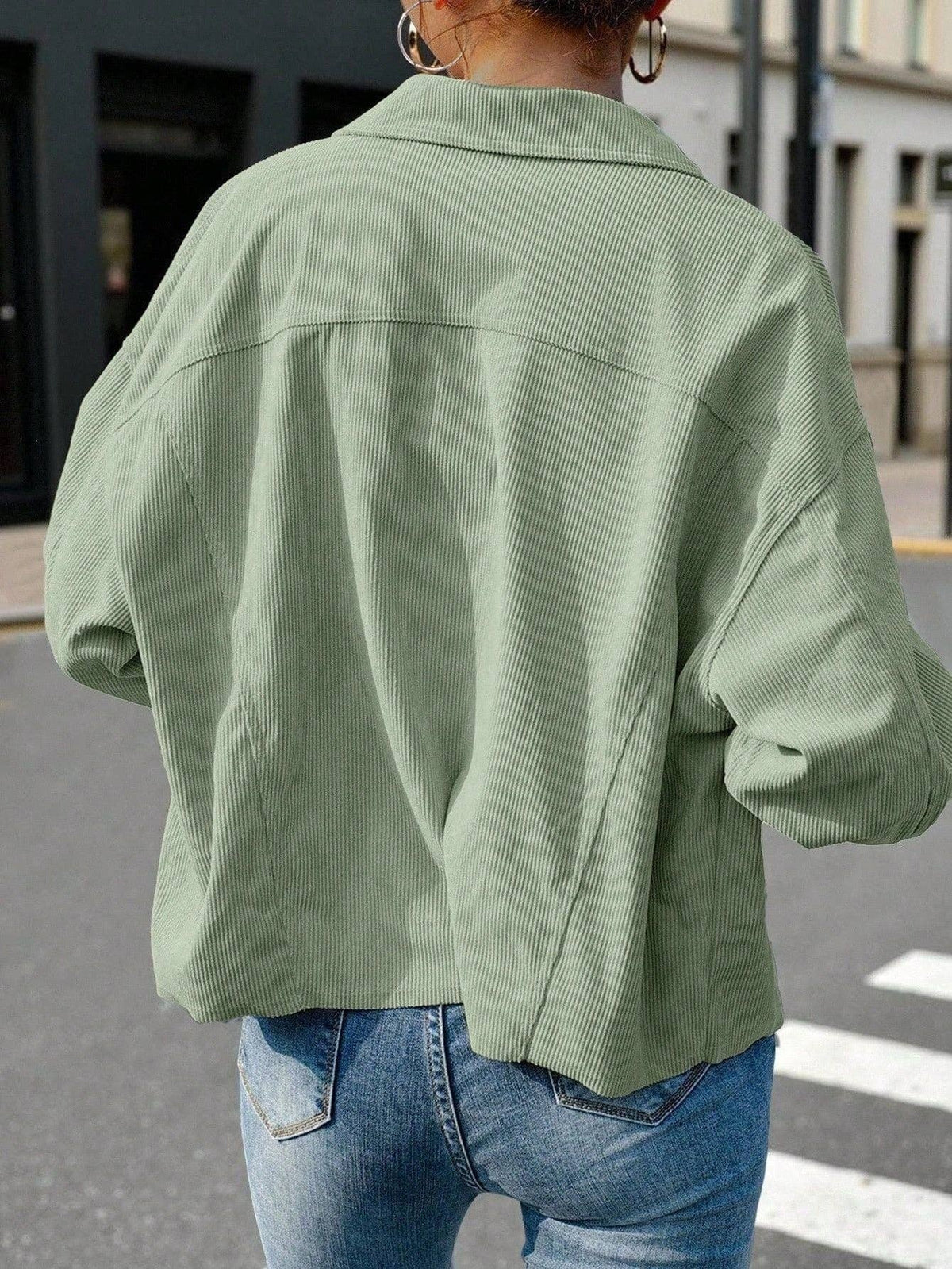 Solid Corduroy Jacket Casual Oversized Button Front: Light Brown / 100%polyester / M