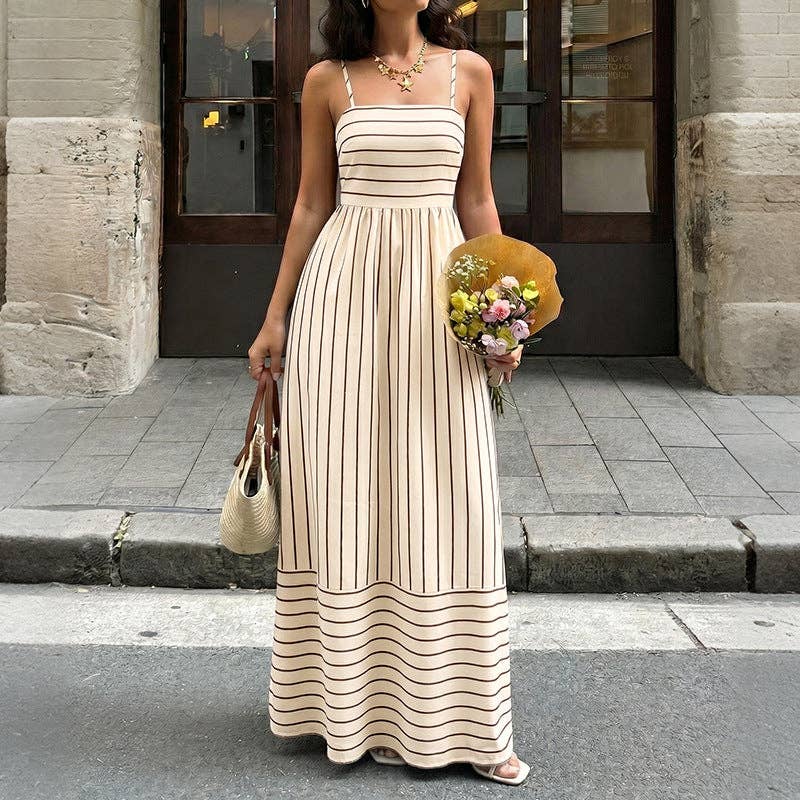 Striped Polyester Maxi Dress Resort Spaghetti Strap: Coffee Brown / 96%Polyester+4%Elastane / M