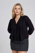 PLUS 3/4 SLEEVE RUFFLE TRIM PINTUCK DETAIL BLOUSE: BLACK