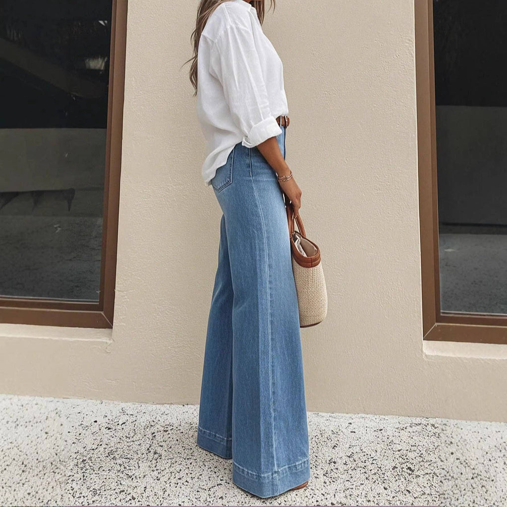 Washed Denim Wide Leg Jeans High Rise Relaxed Fit: Denim Blue / 100%Polyester / S