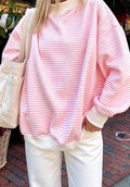 Striped Cotton Sweatshirt Oversized Long Sleeve Top: Pink / 95%cotton+5%elastane / S