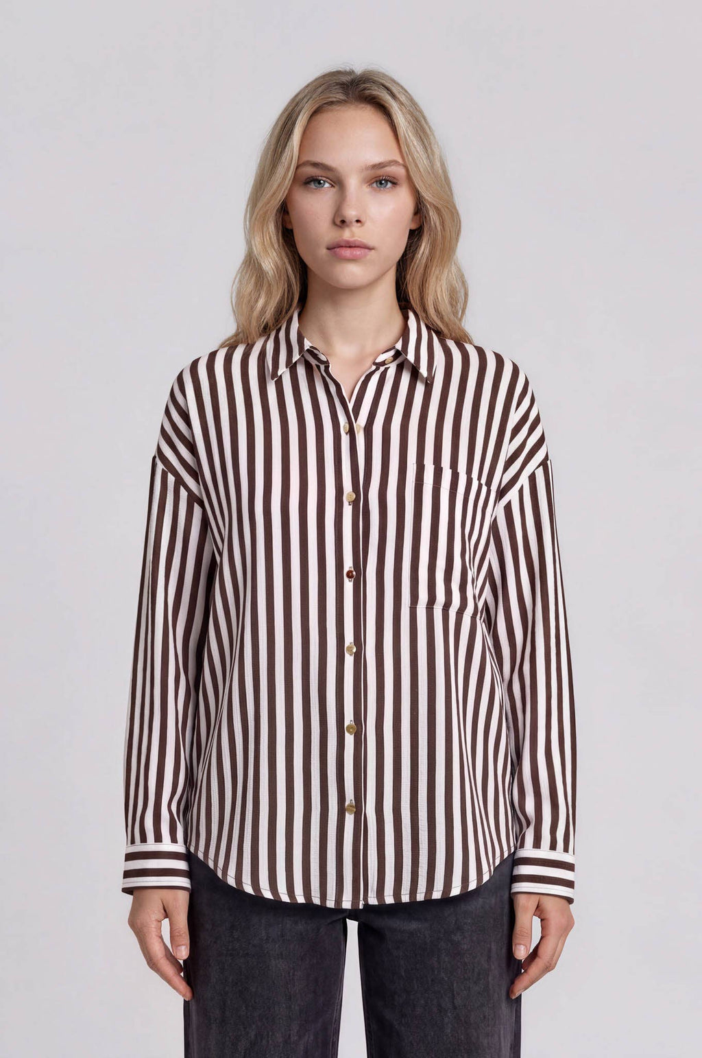 VERTICAL STRIPE COLLARED BUTTON DOWN SHIRT: TAUPE