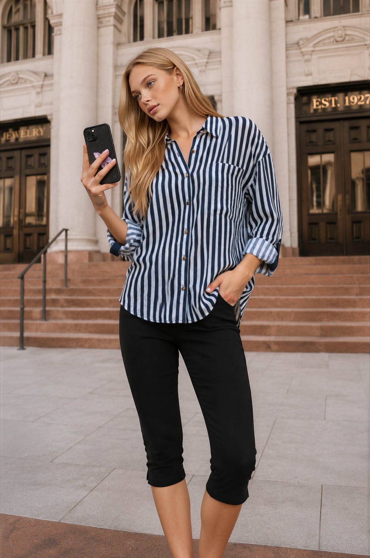 VERTICAL STRIPE COLLARED BUTTON DOWN SHIRT: TAUPE