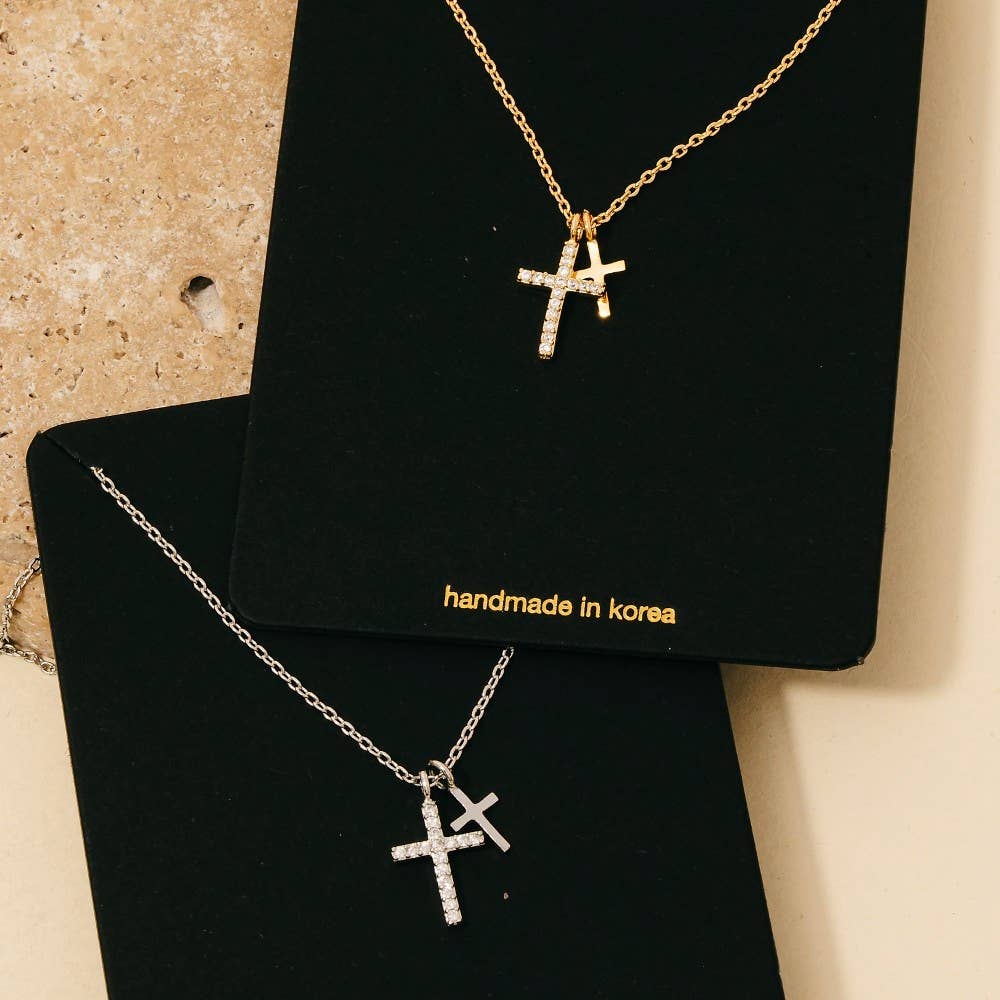 Cz Pave Double Cross Pendant Necklace: G