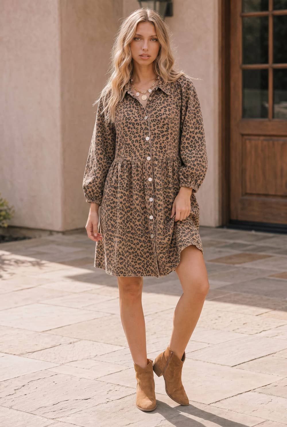 Taupe Leopard denim Button Front Mini Dress: TAUPE / S