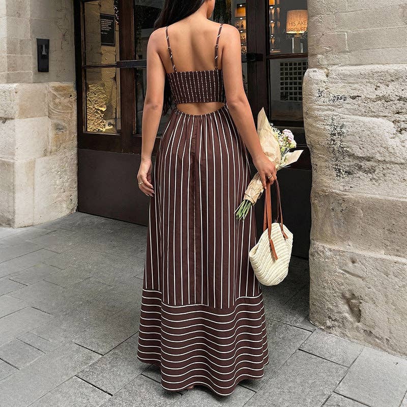 Striped Polyester Maxi Dress Resort Spaghetti Strap: Coffee Brown / 96%Polyester+4%Elastane / M