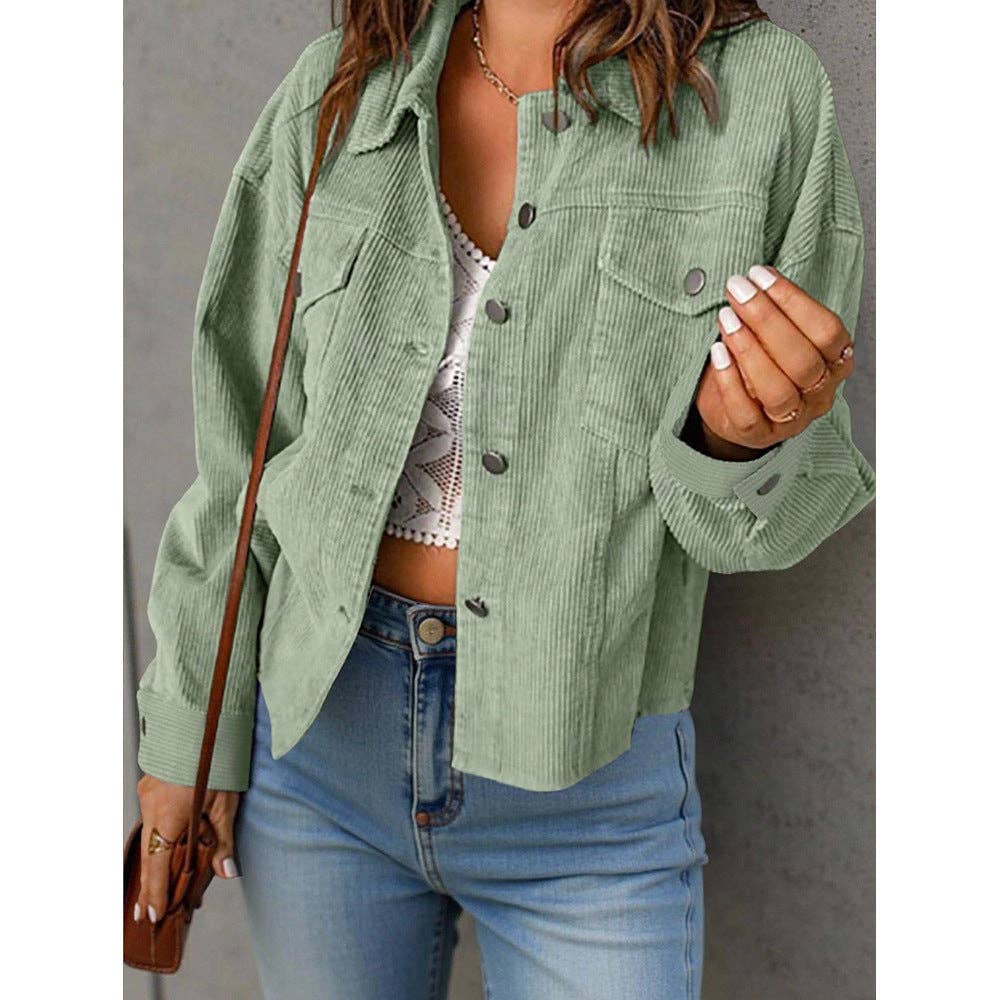 Solid Corduroy Jacket Casual Oversized Button Front: Light Brown / 100%polyester / M