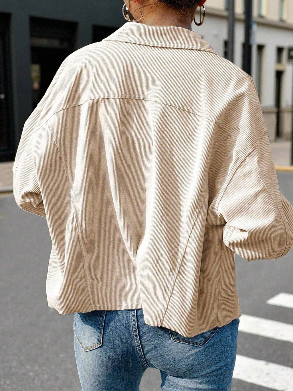 Solid Corduroy Jacket Casual Oversized Button Front: Light Brown / 100%polyester / L