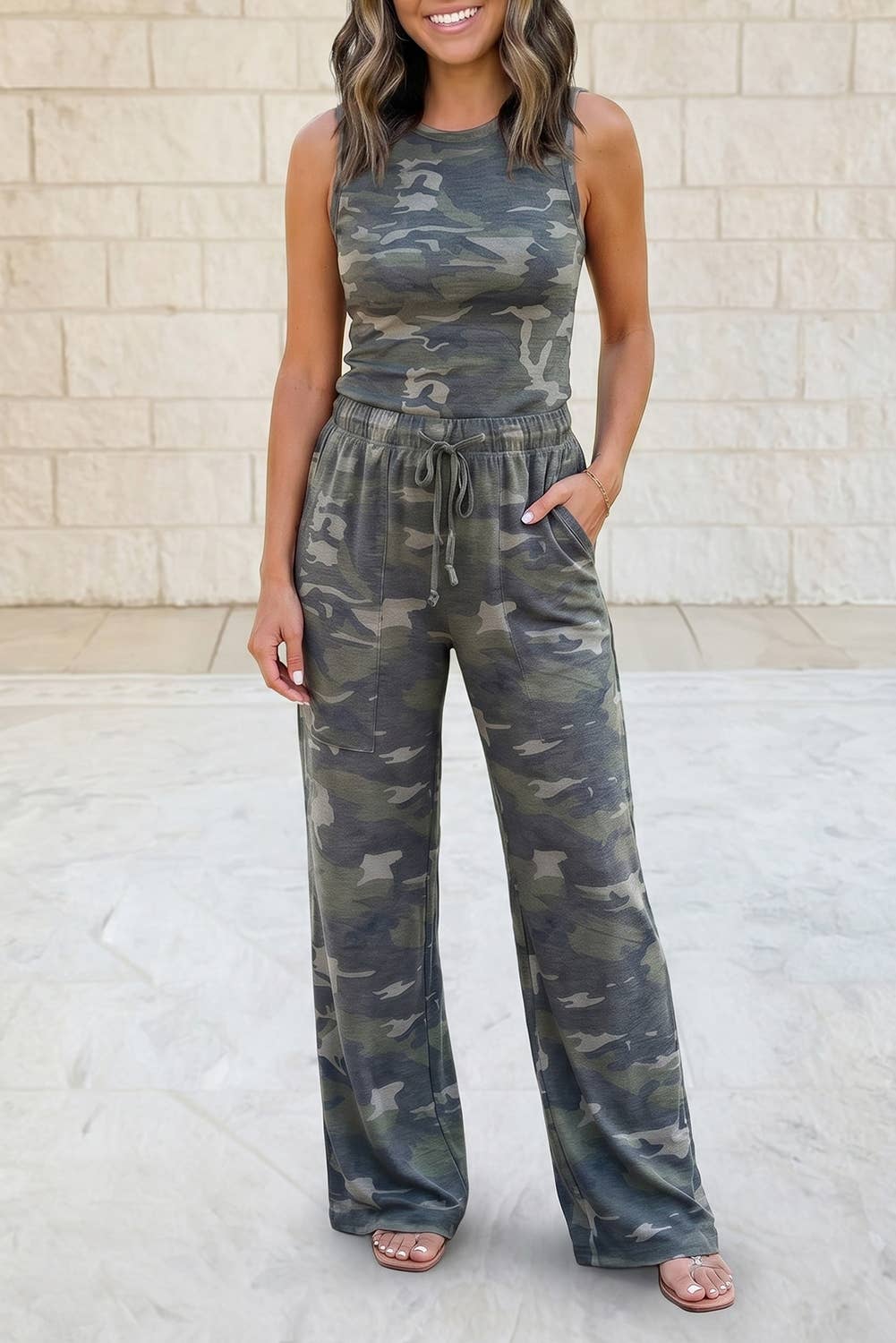 Slim Camouflage Tank Top and Wide Sweatpants Set: Green / M