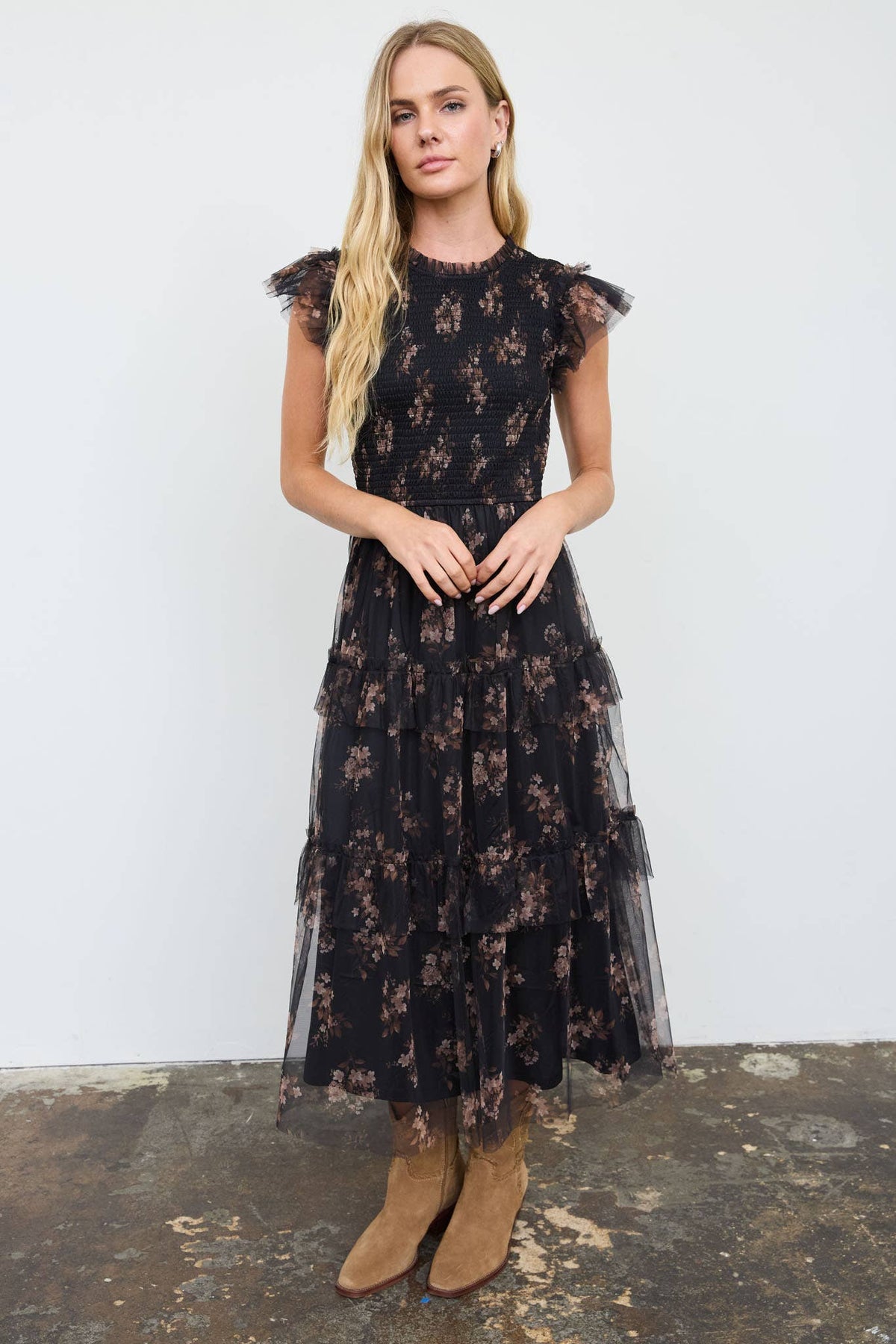 SMOCKED RUFFLE TIERED FLORAL MIDI DRESS : BLACK MULTI