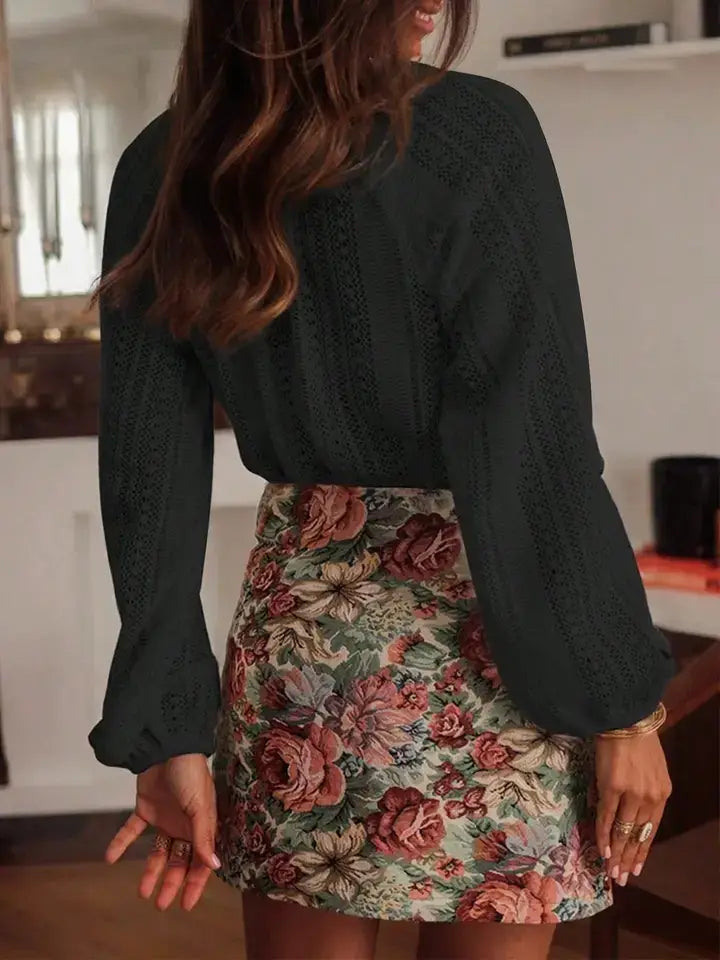 Open Knit Lace V Neck Button Front Blouse: Apricot / 95% Polyester+5% Elastane / XL